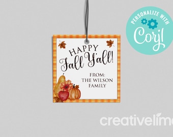 Happy Fall Y'all-cadeaulabel: herfstbedankje, bewerkbaar (directe download)