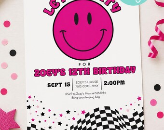 Modèle d'invitation d'anniversaire rétro avec smiley modifiable | Invitation pour une fête d'anniversaire pré-ado | Soirée pyjama rose fuchsia style preppy rétro