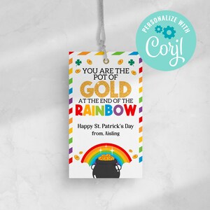 Etiqueta de regalo del Día de San Patricio: Olla de oro arcoíris para niños, niñas, aula, escuela, olla de oro, fin del arcoíris, descarga instantánea editable
