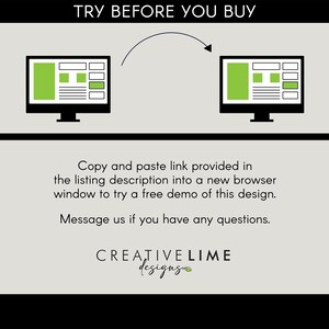May include: An image with the text "TRY BEFORE YOU BUY" above two computer monitors. The monitors display a website layout with green and white elements. Text below instructs users to copy and paste a link for a free demo. The Creative Lime Designs logo is at the bottom.