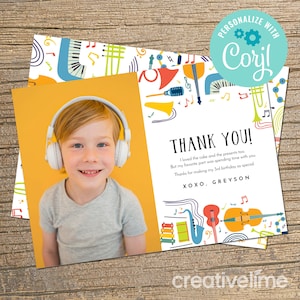 EDITABLE, INSTANT DOWNLOAD Music Birthday Thank You Card, Music Party Sing and Dance, Musical Instruments Thank You Card, Music Band Thanks
