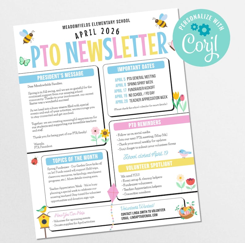 Pto Newsletter Examples Editable Spring PTO Newsletter Template (corjl, 8.5x11 Inches) - Etsy
