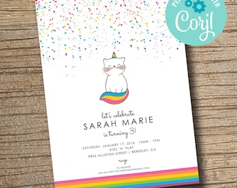May include: A colorful birthday invitation with a white cat with a rainbow tail and a unicorn horn. The text reads "let's celebrate Sarah Marie is turning 3!" and includes details for the party.