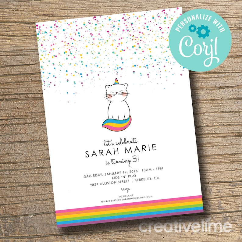 Caticorn Birthday Party Invitation, Cat, Unicorn Birthday, Girls Digital Invitation, Cat Unicorn, Party Invite EDITABLE, INSTANT DOWNLOAD image 1