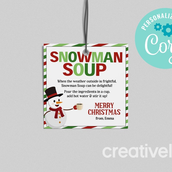EDITABLE, INSTANT DOWNLOAD Snowman Soup Hot Chocolate Gift Tag, Christmas Hot Cocoa Snowman Soup Instructions Teacher Staff Coworker Gift