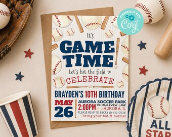May include: A rectangular birthday invitation card featuring a baseball theme with navy blue and red text. The card displays the words GAME TIME, BRAYDEN'S 10TH BIRTHDAY, MAY 26, 2:00PM, and location details, surrounded by illustrations of baseballs and bats.