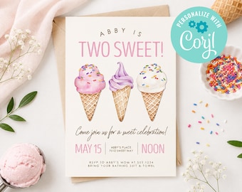 Ice Cream Birthday Invitation: Two Sweet Party, Any Age (INSTANT DOWNLOAD)