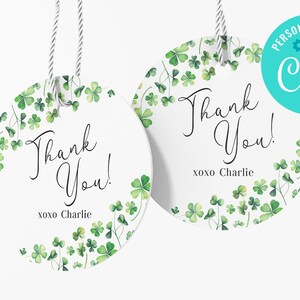 Etiqueta de regalo con trébol de cuatro hojas Etiqueta de agradecimiento con trébol de cuatro hojas para fiesta temática del Día de San Patricio EDITABLE, DESCARGA INMEDIATA
