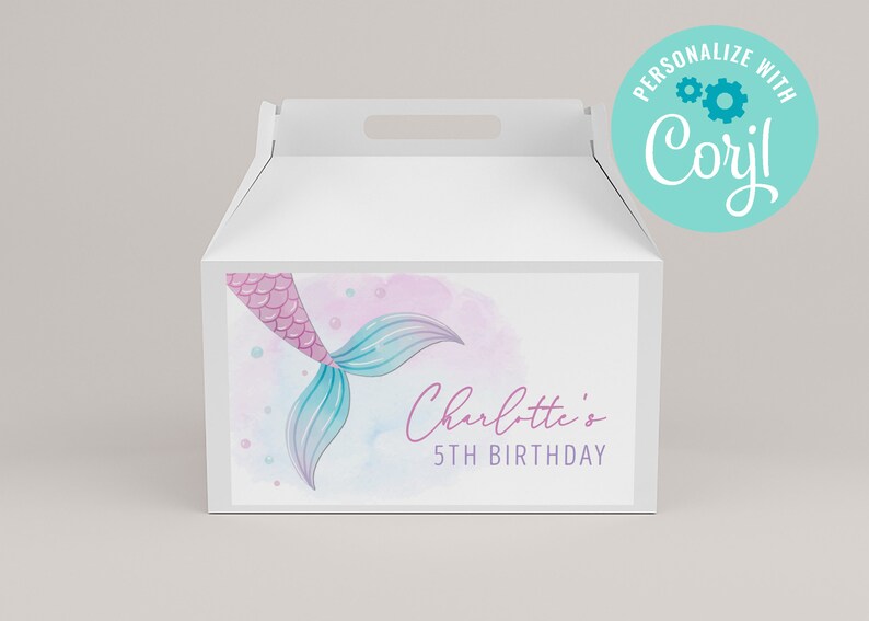 Watercolor Mermaid Gable Box Label: Editable Birthday Favor (instant ...