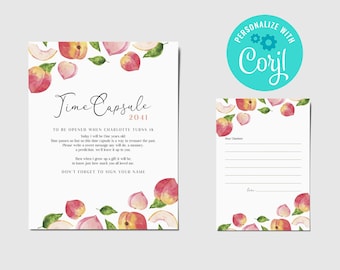 Peach Time Capsule Geburtstagskarte & Zeichen: Aquarell Peaches (EDITIERBARER SOFORT-DOWNLOAD)