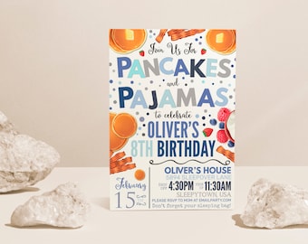 May include: A blue and white invitation for a pancake and pajamas party to celebrate Oliver's 8th birthday. The invitation features illustrations of pancakes, bacon, and berries. The party is from 4:30 PM to 11:30 AM on February 15th at Oliver's house.