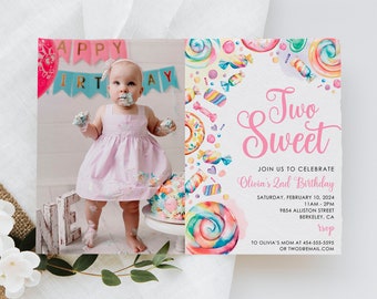 Two Sweet Birthday Invitation: Candy Lollipops, EDITABLE (Digital Download)