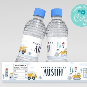 Construction Birthday Party Water Bottle Labels Truck Construction Birthday Decorations Dump Truck Template Corjl EDITABLE, INSTANT DOWNLOAD