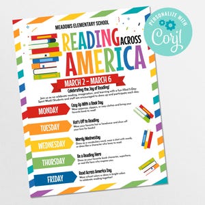 May include: A colorful poster for Meadows Elementary School's Reading Across America event, March 2-6. The poster features a stack of books and a rainbow design. The text includes daily themes like "Cozy Up With a Book Day" and "Read Across America Day."