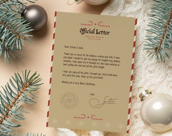 May include: A handwritten letter from Santa Claus on a tan background with red and white candy cane stripes on the edges. The letter reads "Official Letter from the Desk of Santa Claus". The letter thanks Emma and Jack for the cookies and milk and wishes them a Merry Christmas.