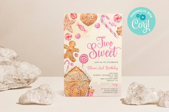 Two Sweet Birthday Invitation: Candy Cane Gingerbread (EDITABLE, INSTANT DOWNLOAD)