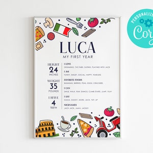 EDITABLE, DESCARGA INSTANTÁNEA Tablero de hitos italiano Uno Cumpleaños Fiesta de cumpleaños temática de Italia, Italia Vespa Comida italiana Pizza Tema Estadísticas Signo