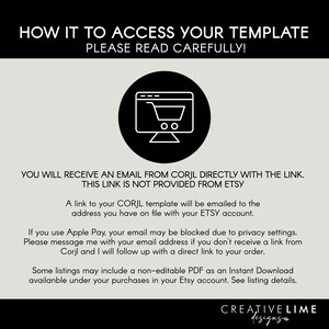 May include: A digital download instruction sheet with the text "HOW TO ACCESS YOUR TEMPLATE PLEASE READ CAREFULLY!". It includes a computer graphic with a shopping cart icon. Instructions are provided for accessing the template.