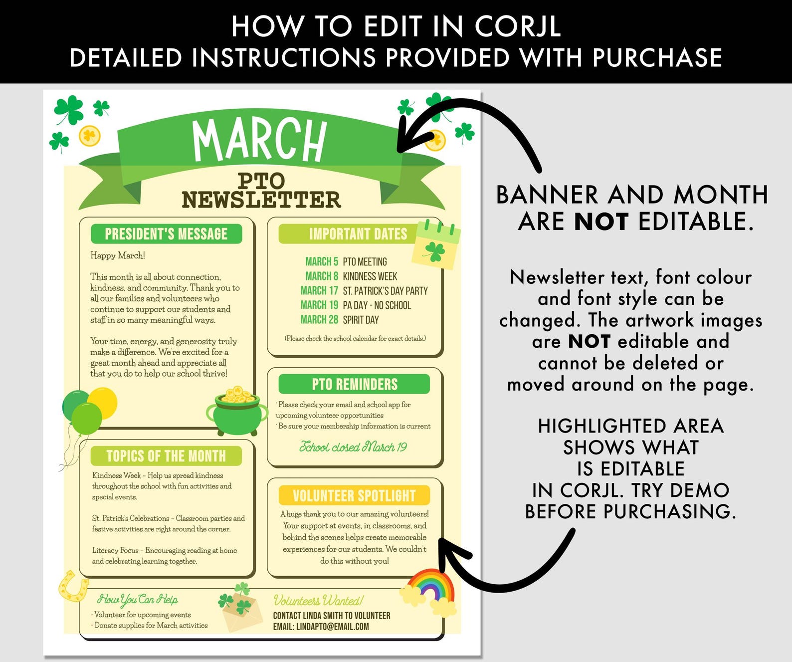 St. Patrick's Day PTO Newsletter Template, Editable School Flyer (corjl ...