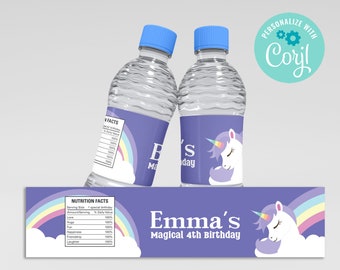 Unicorn Birthday Party Bottle Labels: Rainbow Design (Editable, Instant Download)