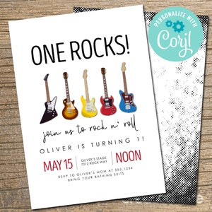 Rock and Roll Birthday Invitation, One Rocks Party Invite, Rock N Roll, Let's Rock, Music Birthday Invitation EDITABLE, INSTANT DOWNLOAD