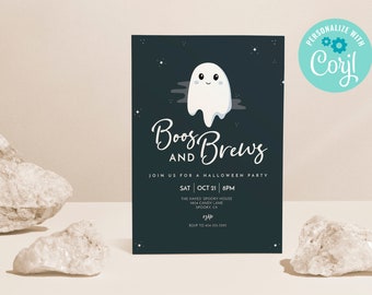 May include: A black and white Halloween party invitation with a cute ghost illustration. The invitation reads "Boos and Brews" and includes the date, time, and location of the party. The text "Personalize with Cory!" is in a blue circle with gears.