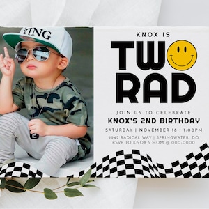 Two Rad Birthday Invitation Template Checkered Smiley Retro Cool One 2nd Second Birthday Invite Digital Template EDITABLE, INSTANT DOWNLOAD
