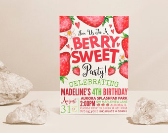 May include: A white invitation with a strawberry theme. The text reads "Join Us For A Berry Sweet Party! Celebrating Madeline's 4th Birthday". The invitation includes details for the party, including the date, time, location, and RSVP information.