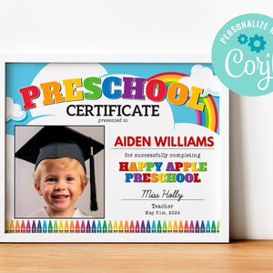 EDITIERBAR, SOFORTIGER DOWNLOAD. Druckbares Vorschul-Abschlusszeugnis mit Foto. Bearbeitbares Vorschul-Diplom. Vorschul-Diplom. PreK-Absolvent