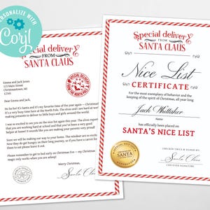 Plantilla de certificado de lista de buenos y carta de Papá Noel para imprimir, correo del Polo Norte, Papá Noel, tamaño A4 y carta, DESCARGA INMEDIATA EDITABLE