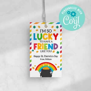 So Lucky To Have A Friend Like You St Patrick&#39;s Day Tag School St Patrick&#39;s Day Friend Treat Rainbow Pot of Gold EDITABLE INSTANT DOWNLOAD