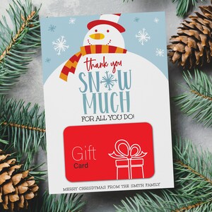 EDITABLE, DESCARGA INSTANTE Imprimible Gracias Nieve Mucho Titular de la tarjeta de regalo de Navidad imprimible, Maestro, Titular de la tarjeta de regalo de vacaciones del empleado