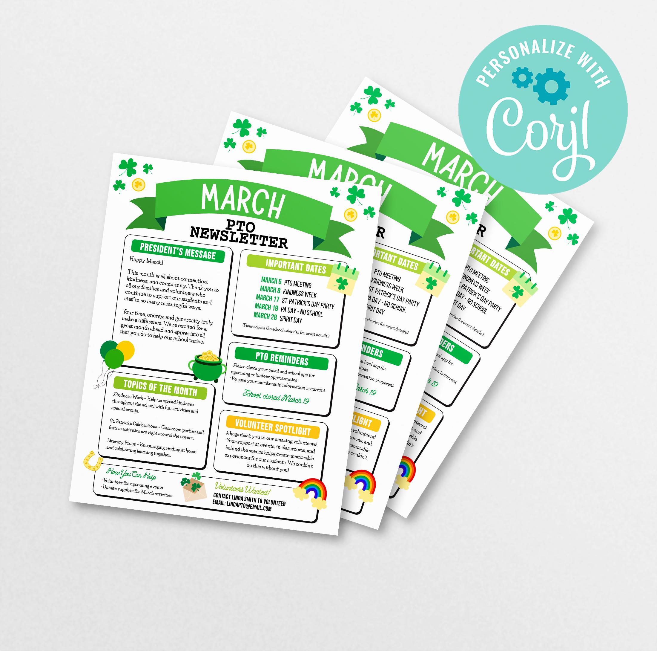 St. Patrick's Day PTO Newsletter Template, Editable School Flyer (corjl ...