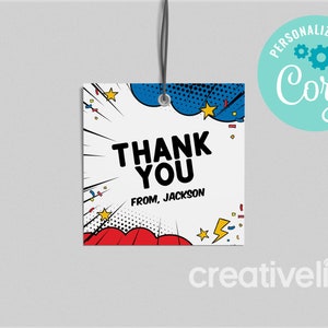 EDITABLE, INSTANT DOWNLOAD Superhero Favor Tag, Superhero Birthday Comic Book Favor Tag, Thank YouComic Book Superhero Party Favour Tag Boy
