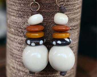 Maasai Mara Collection| Tribal Earrings| Tagua and Bombona Seed Earrings| Ivory, Rust Yellow and Orange| Tagua Earrings| Tagua Jewelry