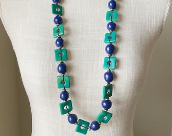 Cyprus Necklace| Royal Blue and Aqua Necklace| Tagua and Bomb ona Seed Necklace| Long Tagua Necklace| Resort Jewelry| Tagua Jewelry