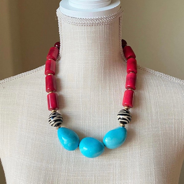 Maasai Mara Collection| Lake Nakuru Necklace| Tagua Necklace| Turquoise, Red and Zebra Batik| Tagua Jewelry|  Artisanal Jewelry