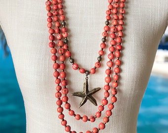 Starfish Necklace| Coral Necklace| Long Necklace| Acai and Bombona Seed Necklace| Summer Jewelry| Resort Jewelry| Statement Necklace