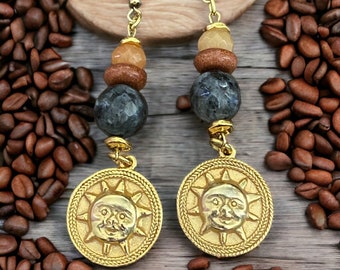 Pre Columbian Earrings, 24K Gold Plated Sun Charms, Colombian Jewelry, Statement Earrings, Pre Columbian Dangle Earrings