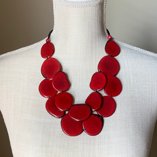 Carmen Necklace| Red Tagua Bib Necklace| Red Statement Necklace| Tagua Jewelry| Seed Jewelry| Acai and Tagua Necklace