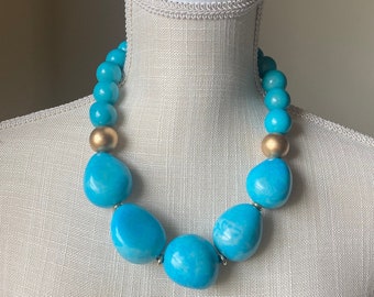 Galapagos Necklace| Turquoise and Gold Necklace| Chunky Tagua Necklace| Tagua and Bombona Seed Necklace| Resort Jewelry | Tagua Jewelry