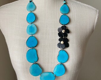 Hibiscus Necklace| Sky Blue and Black Tagua Necklace| Flower Necklace| Long Tagua Necklace| Tagua Jewelry| Resort Jewelry| Summer Jewelry