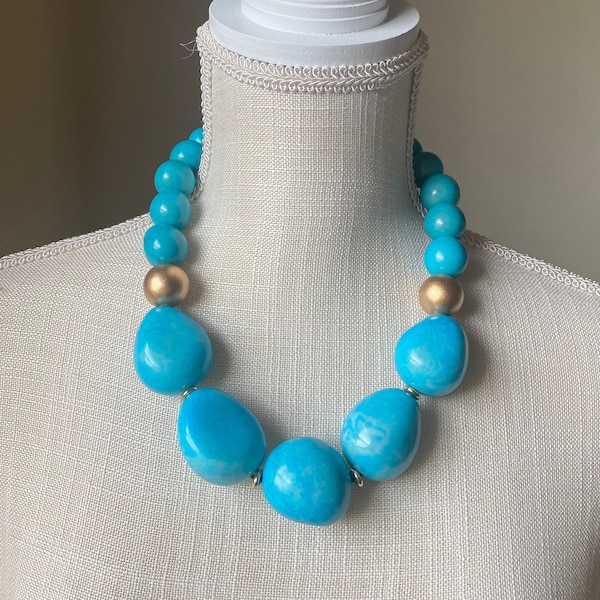 Galapagos Necklace| Turquoise and Gold Necklace| Chunky Tagua Necklace| Tagua and Bombona Seed Necklace| Resort Jewelry | Tagua Jewelry