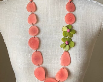 Hibiscus Necklace| Salmon and Saguaro Green Tagua Necklace| Flower Necklace| Long Tagua Necklace| Tagua Jewelry| Resort Jewelry