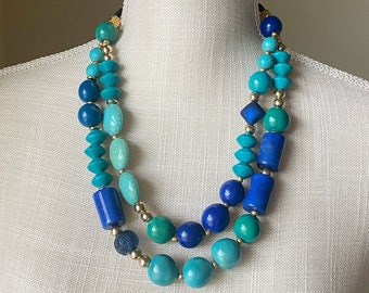 Seven Seas Necklace| Turquoise, Royal Blue, Jade, Aqua and Gold| Tagua and Bombona Seed Necklace| Tagua Jewelry| Resort Jewelry