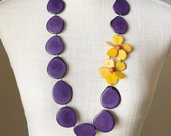 Hibiscus Necklace| Purple and Saffron Yellow Tagua Necklace| Flower Necklace| Long Tagua Necklace| Tagua Jewelry| Resort Jewelry