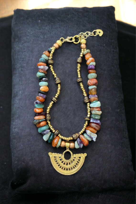 Pre Columbian Vintage Clay Beads with Incan Selo Pendant Gold Plated