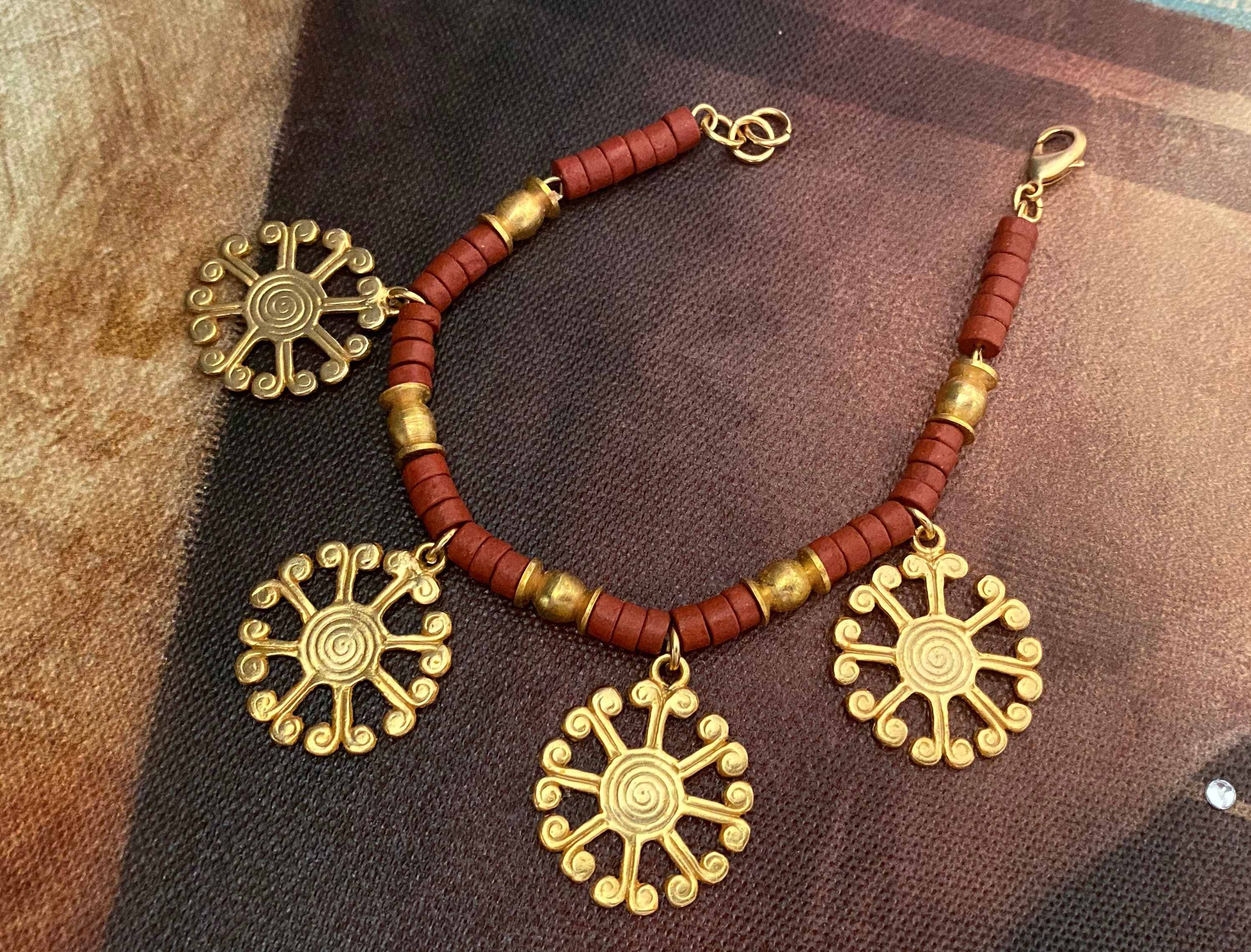 Pre Columbian Bracelet| Pre Columbian Jewelry| 24K Gold Plated Charms| Terracotta and Gold| Charm Bracelets| Colombian Jewelry