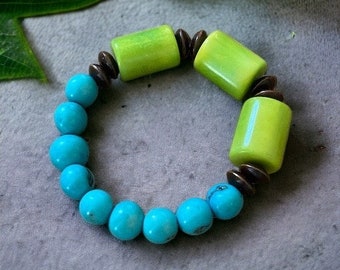 Malibu Bracelets| Turquoise and Chartreuse| Tagua and Acai Seed Bracelet| Boho Bracelet| Artisanal Bracelet| Tagua Jewelry