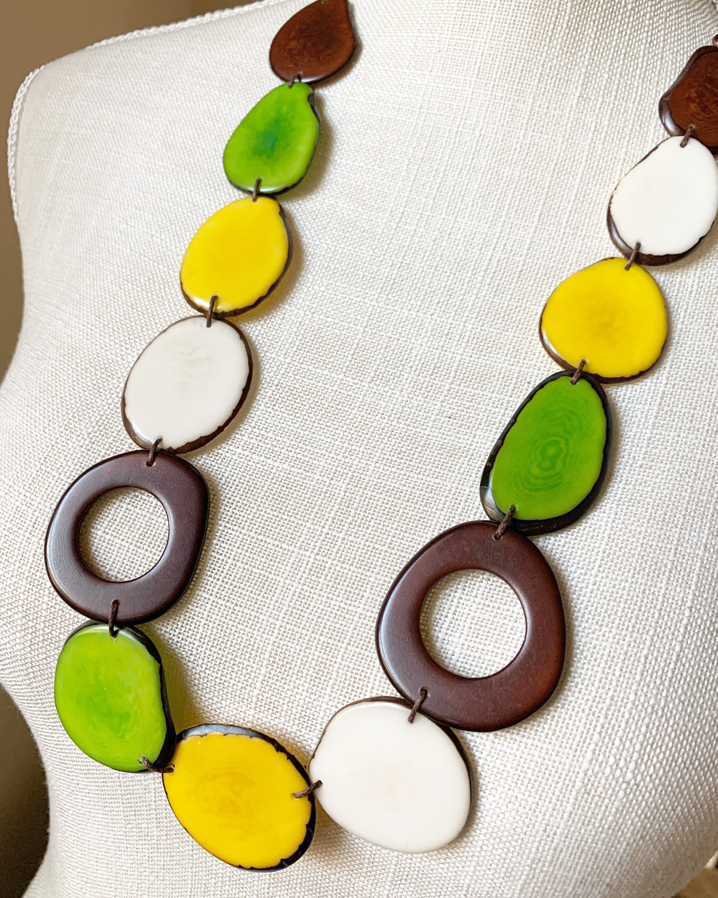 Tagua Necklace Brown Yellow Green and White Tagua Necklace Tagua